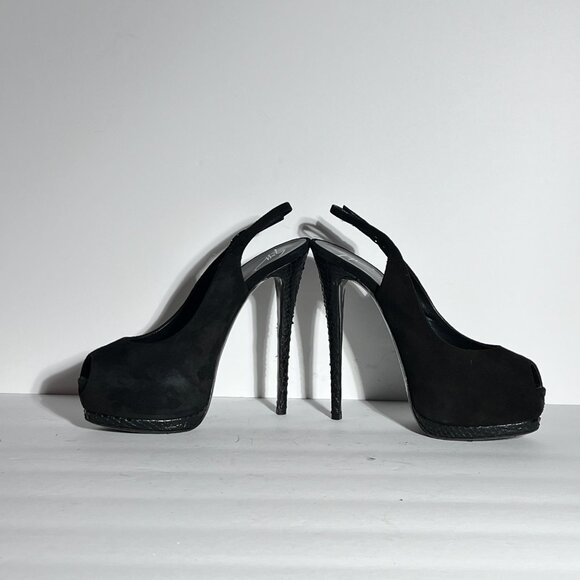 Giuseppe Zanotti Blk Suede Snakeskin High Heel Peeptoe Slingback Pump Sz 8.5 - Picture 3 of 15